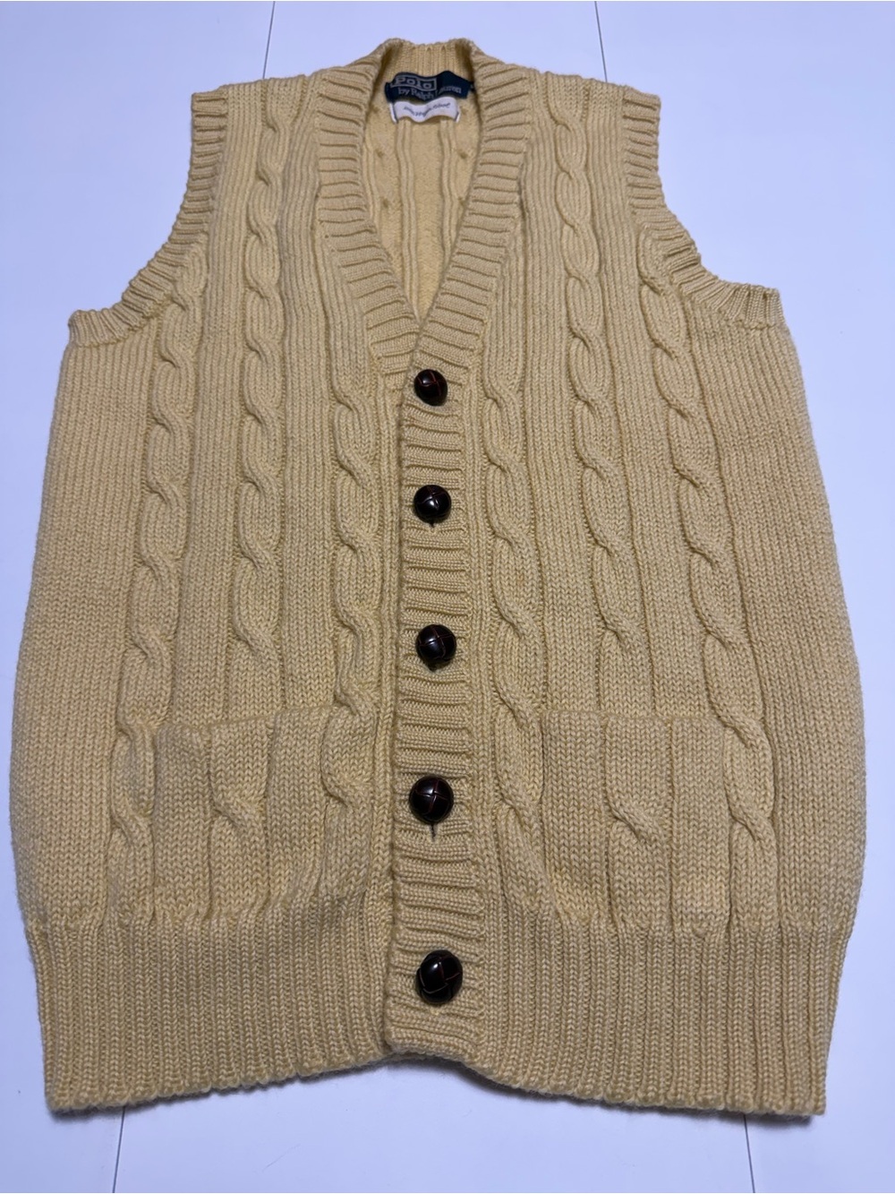 Polo Ralph Lauren Yellow Cable-Knit wool Button Vest
